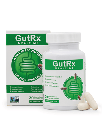 GutRx MEALTIME dietary supplement bottle and box for improved digestion and physician recommended.