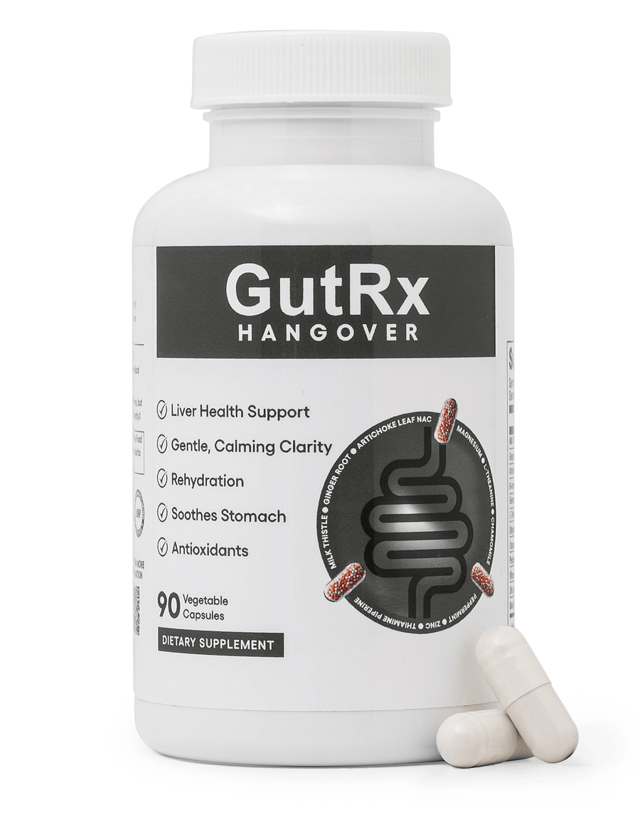 GutRx HANGOVER bottle with 90 vegetable capsules for liver health support and detoxification.