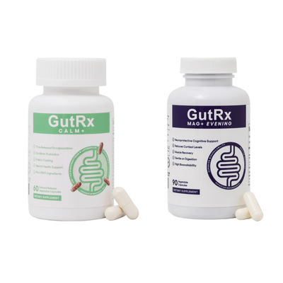 GutRx Sleep & Relaxation Bundle featuring GutRx CALM+ and GutRx MAG+ EVENING supplements.