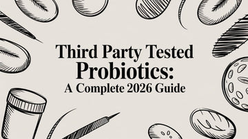 Illustration featuring the title 'Third Party Tested Probiotics: A Complete 2026 Guide' surrounded by related graphics.