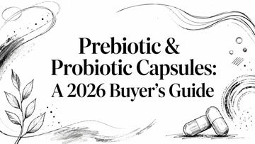 Prebiotic & Probiotic Capsules: A 2026 Buyer's Guide graphic illustration with capsules and floral elements.