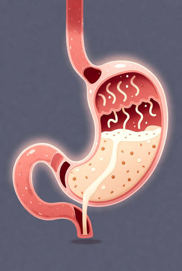 Illustration of a stomach demonstrating gastric emptying, related to Unlocking the Power of Butyrate.