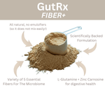 GutRx FIBER+ digestive fiber powder scoop with key ingredient highlights for gut health.