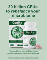 GutRx BALANCE probiotic supplement for digestive wellness with 30 billion CFUs.