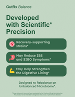 GutRx BALANCE infographic highlighting benefits like recovery-supporting strains and digestive health.