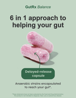 GutRx BALANCE delayed-release capsule for gut health with anaerobic strains in a 6 in 1 approach.