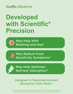 GutRx MEALTIME benefits: helps with bloating, food sensitivity, and nutrient absorption.