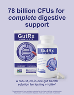 GutRx COMPLETE dietary supplement with 78 billion CFUs for complete digestive support and gut health.