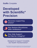GutRx COMPLETE image highlighting recovery-supporting strains and gut health benefits.