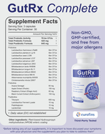 GutRx COMPLETE Supplement Facts showing probiotics, prebiotics, and postbiotics for digestive health.