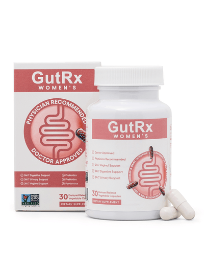 GutRx WOMEN'S dietary supplement with packaging, designed for women's health support.