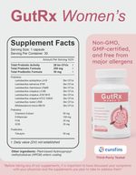 GutRx WOMEN'S supplement facts label showing probiotic strains, dietary information, and usage instructions.