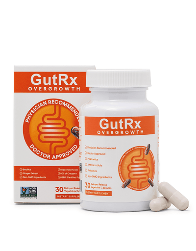 GutRx OVERGROWTH dietary supplement bottle and packaging for SIBO relief with Oil of Oregano and Ginger Extract.