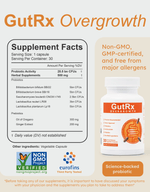 GutRx OVERGROWTH supplement facts, featuring Oil of Oregano and Ginger Extract for SIBO and gut health.
