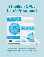 GutRx DAILY product image showcasing 61 billion CFUs for gut health support, highlighting probiotics and prebiotics.