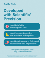 GutRx DAILY product benefits highlighting digestion, gas relief, and microbiome support.
