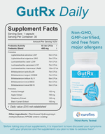 GutRx DAILY supplement facts including probiotic and prebiotic blends, showing non-GMO, GMP-certified details.