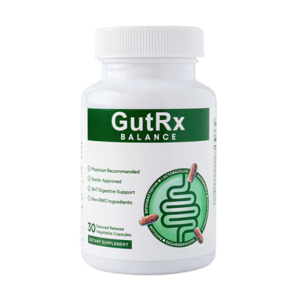A white plastic bottle of GutRx Balance dietary supplement with a green and white label, shown on a plain white background.