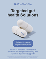 GutRx Bloat + Gas - GutRx Supplements packaging with delayed-release vegetable capsules for digestive support.