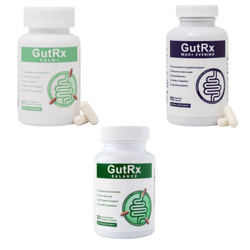 GutRx Cognitive Function & Brain Health Bundle includes GutRx CALM, MAG+EVENING, and BALANCE supplements.