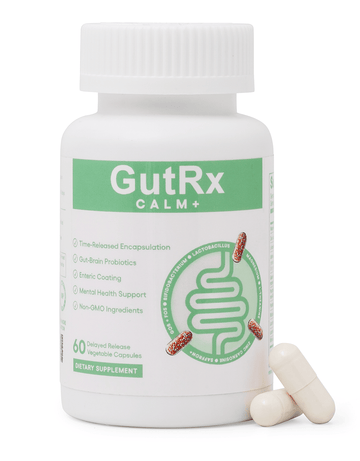 GutRx Calm+ supplement bottle with capsules for gut-brain support, featuring calming probiotics and minerals.