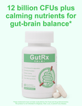 GutRx Calm+ dietary supplement bottle featuring calming nutrients for gut-brain balance and 12 billion CFUs.