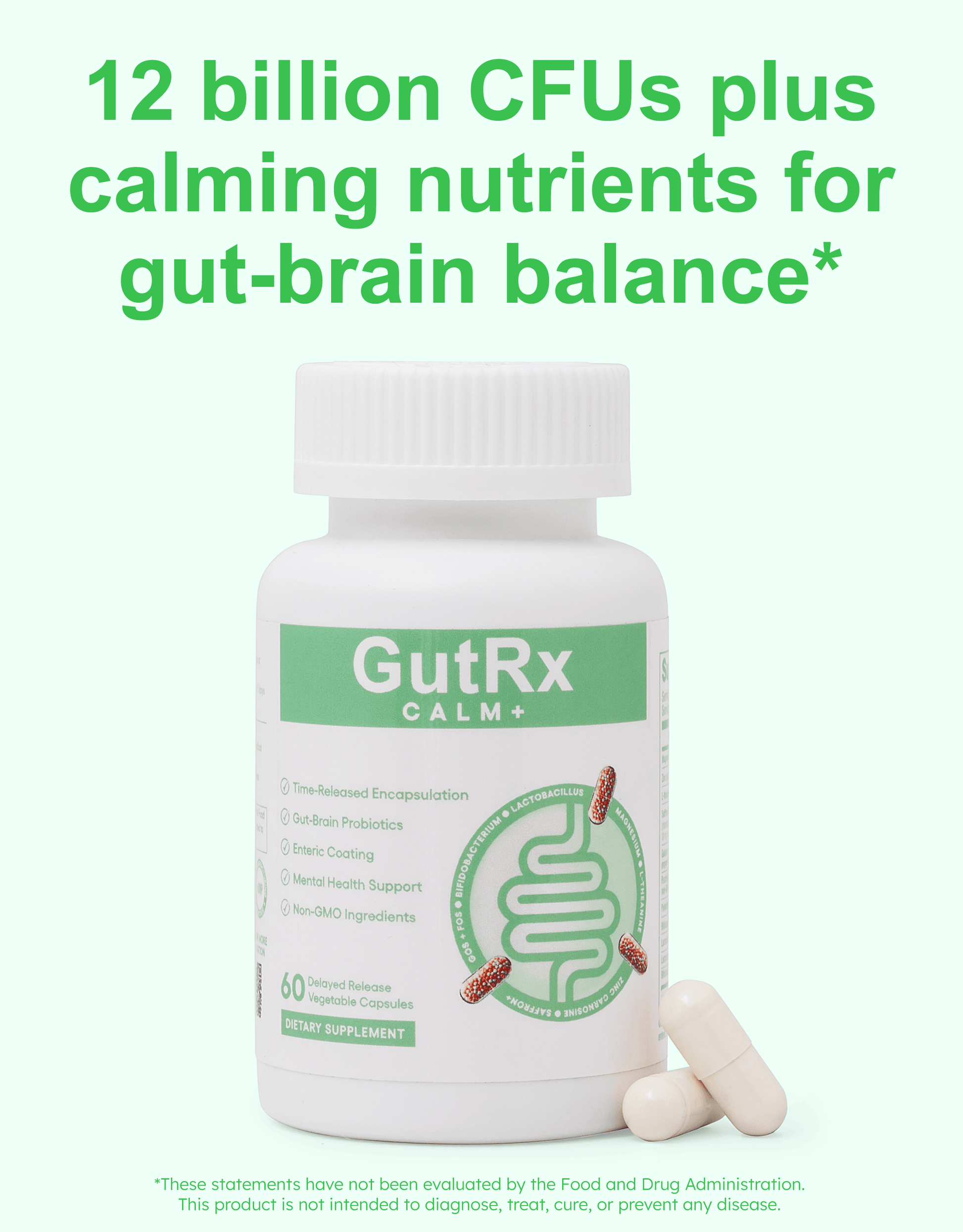 GutRx Calm+ dietary supplement bottle featuring calming nutrients for gut-brain balance and 12 billion CFUs.