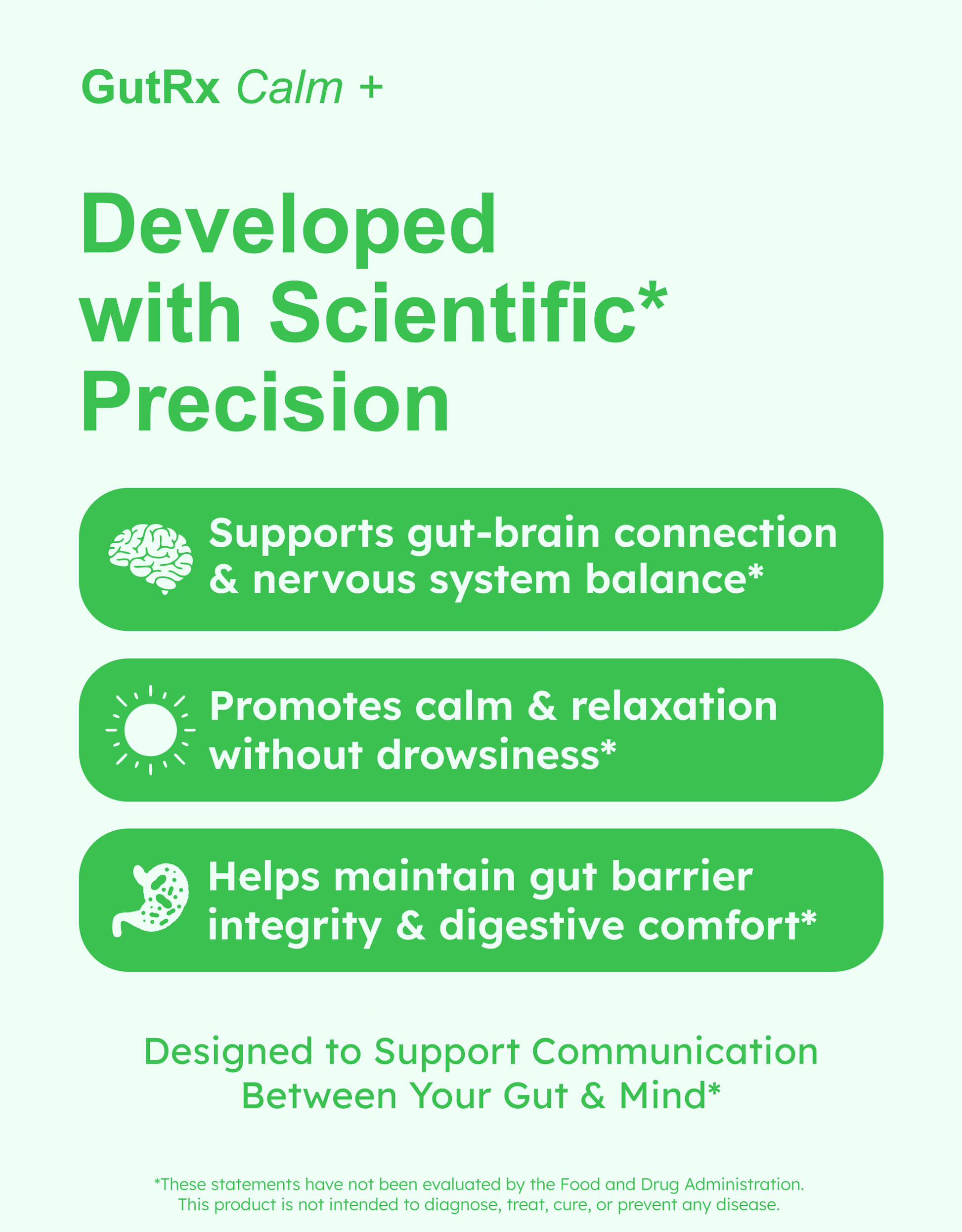 GutRx Calm+ product information highlighting gut-brain support, calm relaxation, and digestive comfort.