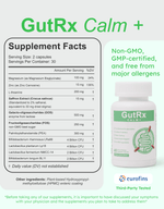 GutRx Calm+ supplement facts highlighting gut-brain support ingredients and benefits.