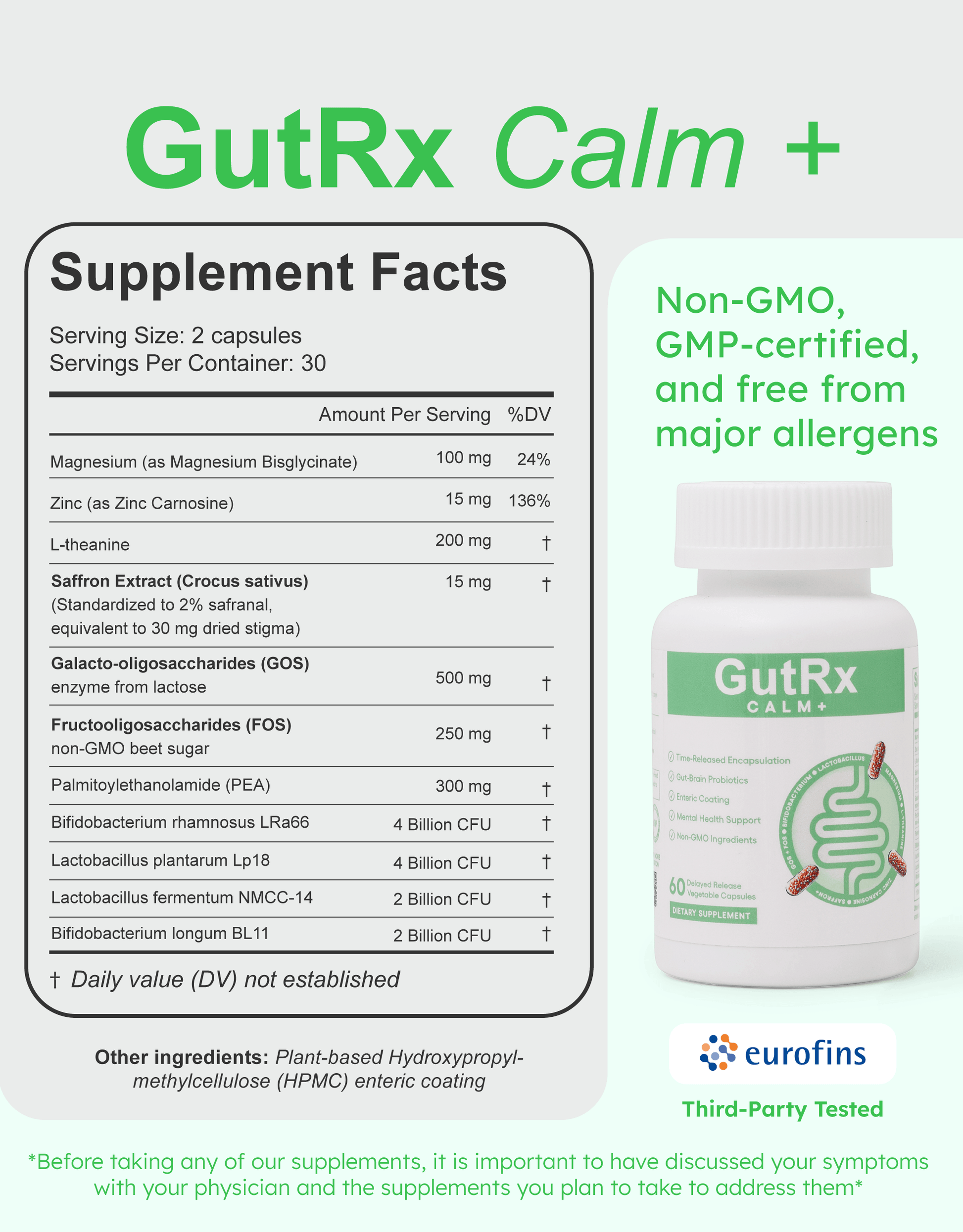 GutRx Calm+ supplement facts highlighting gut-brain support ingredients and benefits.