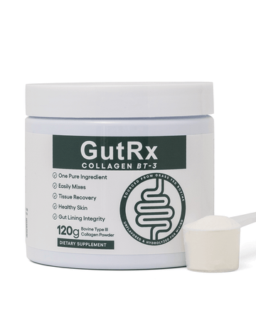GutRx Collagen BT-3 powder container for gut health, tissue recovery, and skin support.