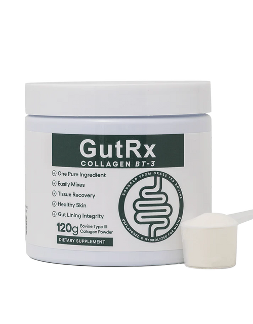 A white plastic jar of GutRx Collagen B7-3 dietary supplement powder with a dark green label, shown alongside a white plastic scoop on a clean white background.