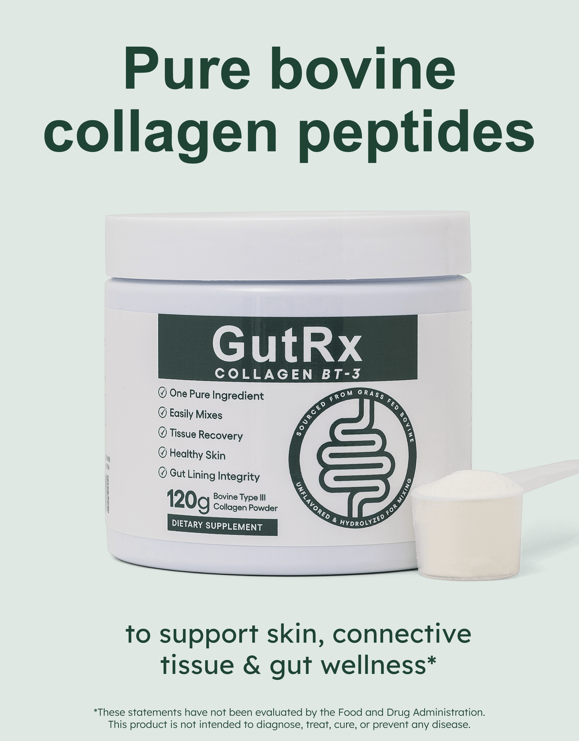 GutRx Collagen BT-3 packaging showcasing Type III bovine collagen for gut and skin support.