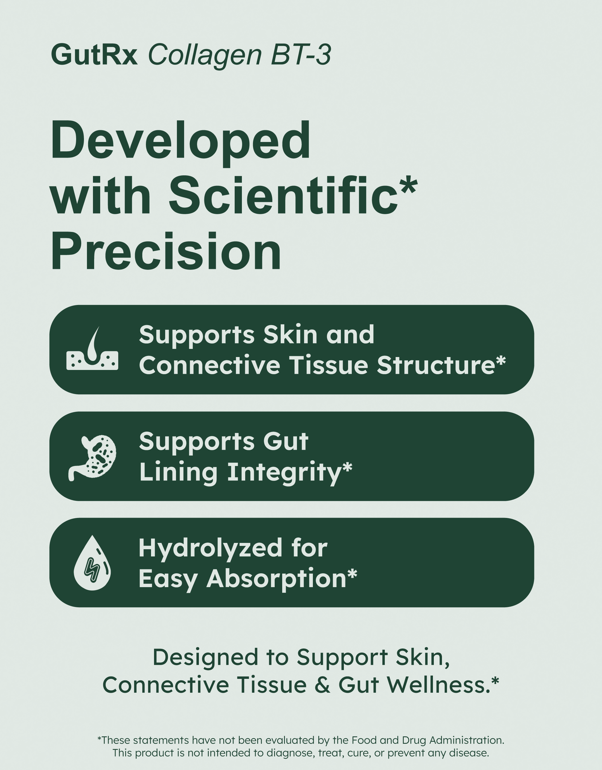 GutRx Collagen BT-3 product features: supports skin, tissue structure, gut lining integrity, and easy absorption.