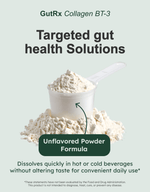 GutRx Collagen BT-3 unflavored powder formula for gut health solutions, dissolves quickly in beverages.