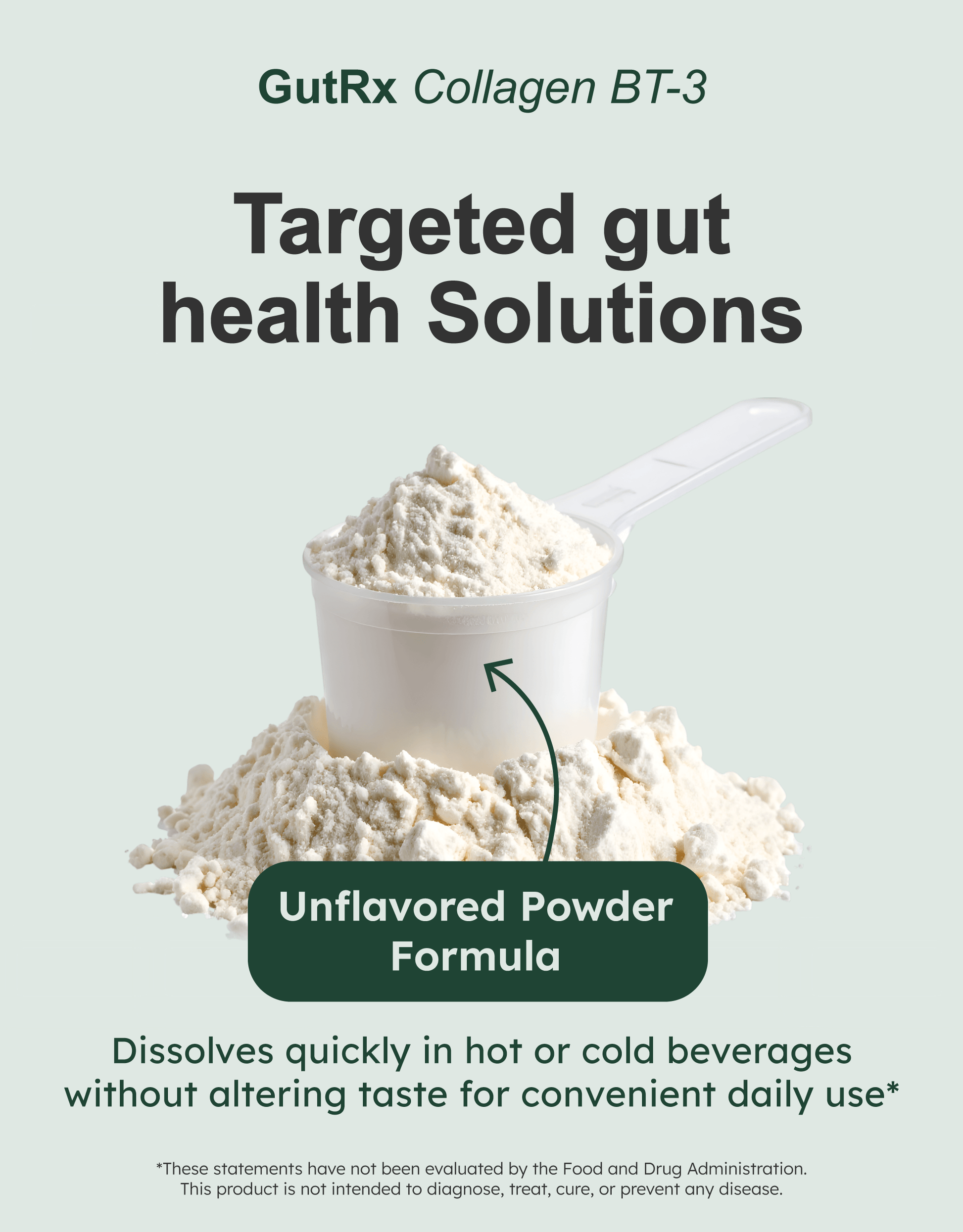 GutRx Collagen BT-3 unflavored powder formula for gut health solutions, dissolves quickly in beverages.