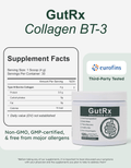 GutRx Collagen BT-3 supplement facts with packaging, highlighting collagen for gut and skin health.