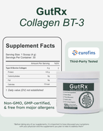 GutRx Collagen BT-3 supplement facts with packaging, highlighting collagen for gut and skin health.