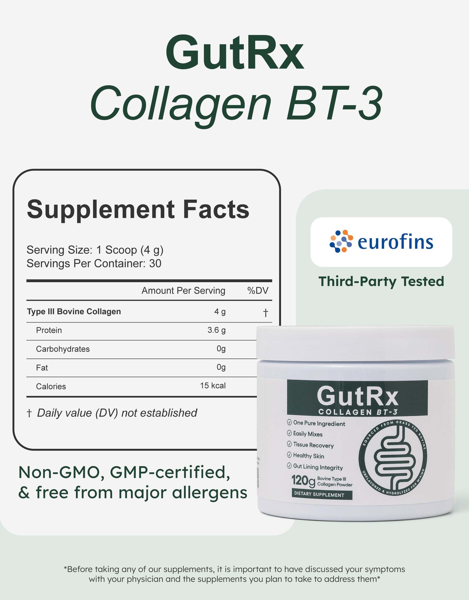 GutRx Collagen BT-3 supplement facts with packaging, highlighting collagen for gut and skin health.