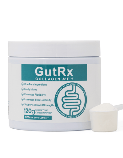 GutRx Collagen MT-1 dietary supplement jar with scoop, promoting skin elasticity and joint flexibility.