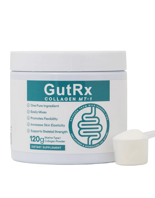 A white plastic tub of GutRx Collagen MT-1 dietary supplement with a teal and white label, shown alongside a small white scoop of powder on a clean white background.