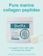 GutRx Collagen MT-1 tub with scoop showing pure marine collagen peptides for skin and joint support.