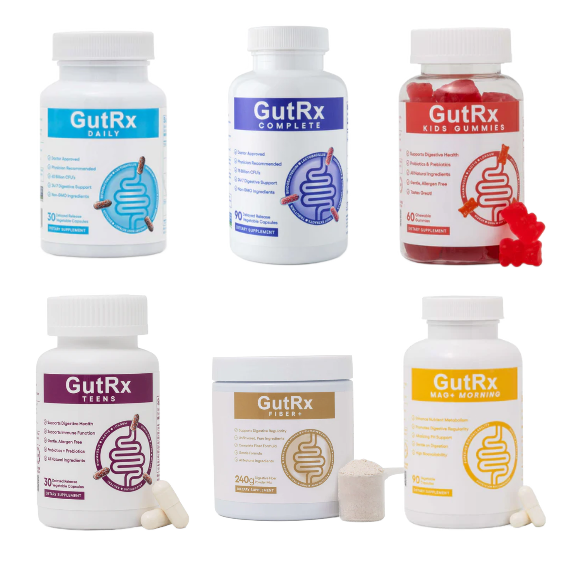 Collection of GutRx products including bottles and a container on a white background