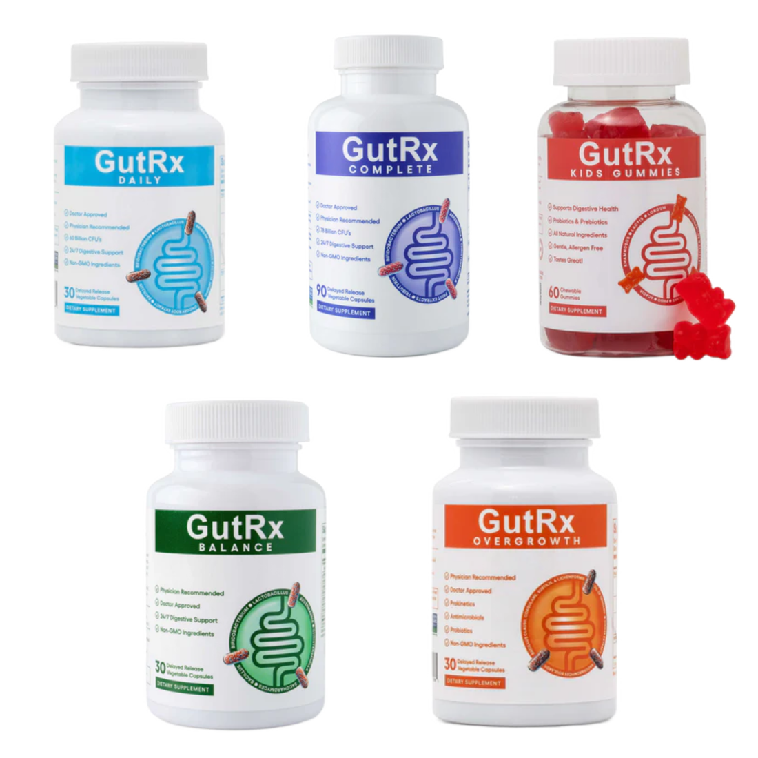 Five GutRx product bottles on a white background