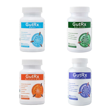 Four bottles of GutRx products on a white background