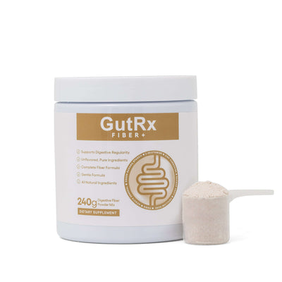 GutRx FIBER+ digestive fiber powder for optimal gut health and digestive regularity in a 240g container.