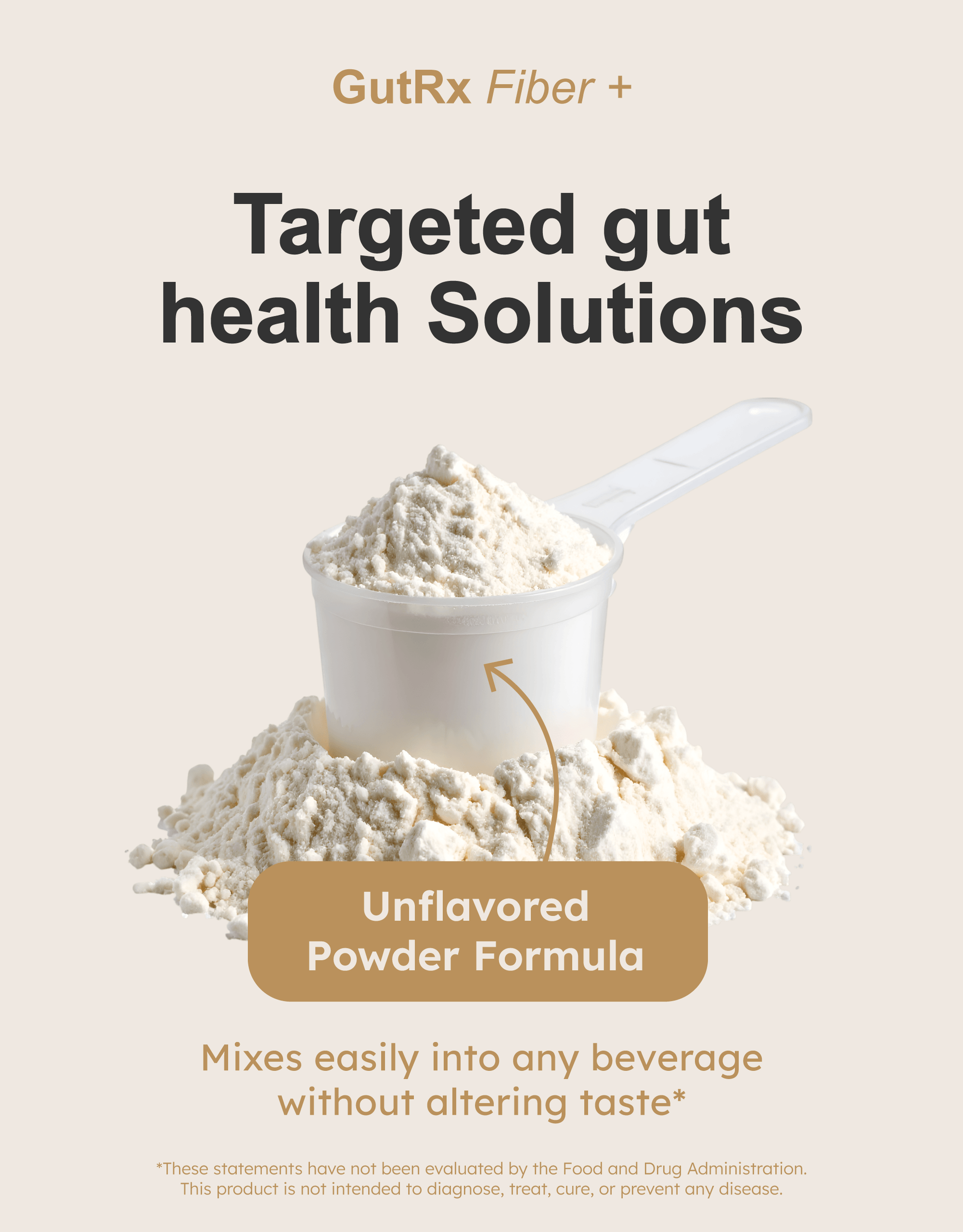 GutRx FIBER+ unflavored powder formula for gut health solutions, mixes easily in beverages.