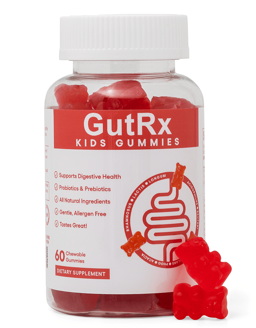 GutRx KIDS Gummies (3-12) bottle with gummies for digestive health and immune support for children.