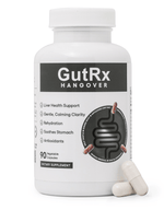 GutRx HANGOVER bottle with 90 vegetable capsules for liver health support and detoxification.
