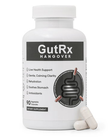 GutRx HANGOVER bottle with 90 vegetable capsules for liver health support and detoxification.